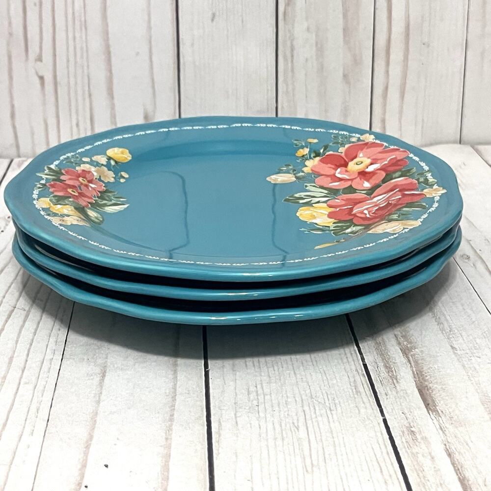 Pioneer Woman Salad Plates 8.5" Vintage Garden Floral Teal Stoneware Set Of 3 - Picture 8 of 8